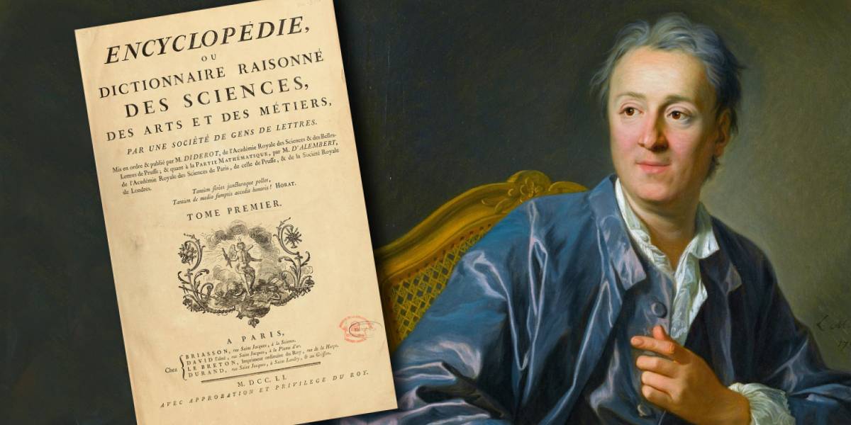 Denis Diderot, pintura de Charles-André van Loo com a primeira edição de sua Enciclopédia.