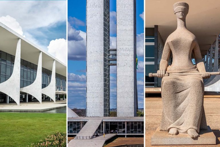 Da esquerda para direita: o Palácio do Planalto, sede do executivo; o Congresso Nacional, sede do legislativo; a a estátua da justiça em frente ao Supremo Tribunal Federal, sede do judiciário no Brasil.